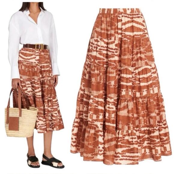 ULLA Johnson 0 Women's 100% Silk Aisa Tiered A Line Midi Skirt Fawn Ikat Print - Picture 2 of 16